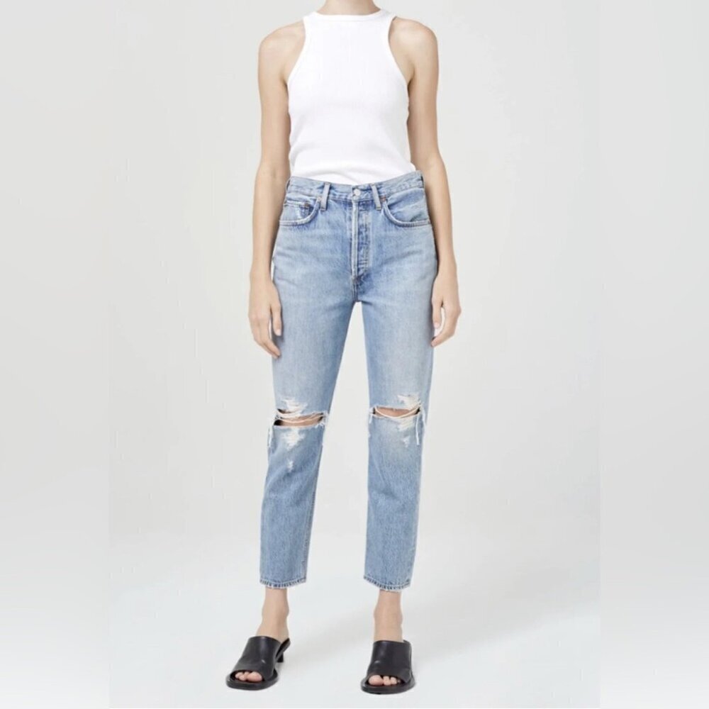 AGOLDE Riley High Rise Straight Crop Distressed 5 pocket Trend Jean in Blitz 24